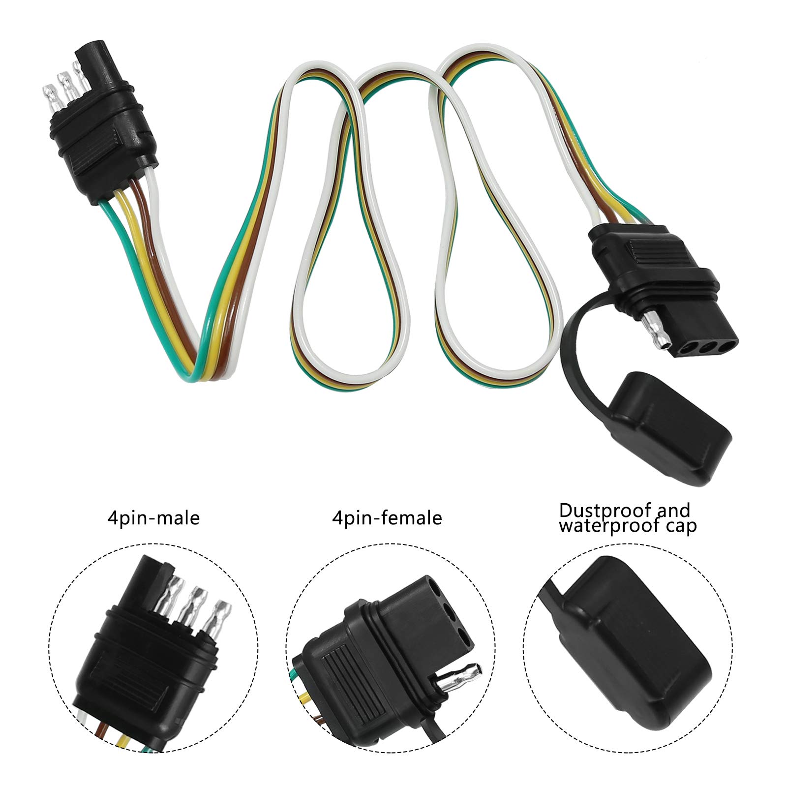 Hoypeyfiy Trailer Light Wiring Harness Kit,4 Wires 4-Way Plug 4 pin Flat Wire Extension Male & Female Connector 32" Inch Long