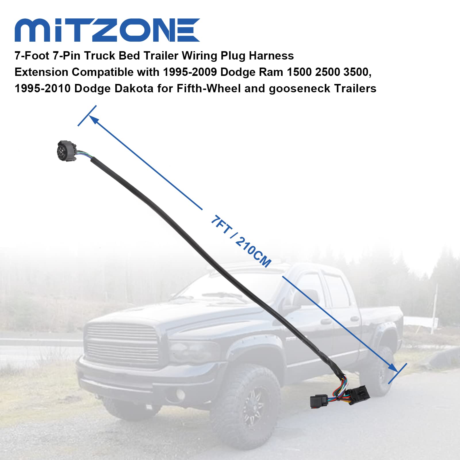 MITZONE 7-Foot 7-Pin Truck Bed Trailer Wiring Plug Harness Extension Compatible with 1995-2009 Dodge Ram 1500 2500 3500, 1995-2010 Dodge Dakota for Fifth-Wheel and gooseneck Trailers