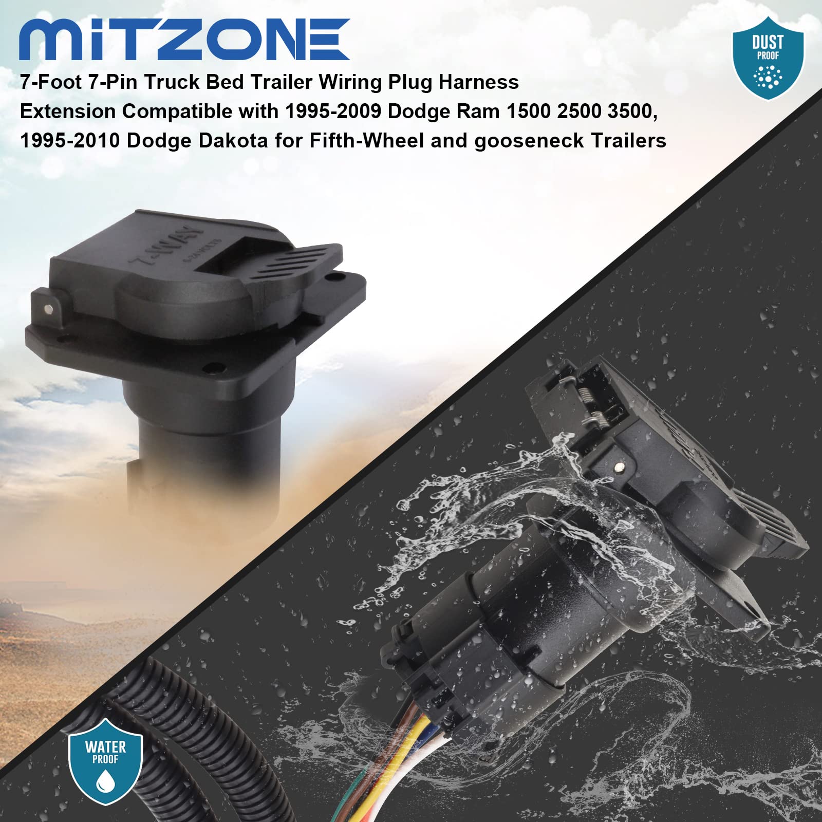 MITZONE 7-Foot 7-Pin Truck Bed Trailer Wiring Plug Harness Extension Compatible with 1995-2009 Dodge Ram 1500 2500 3500, 1995-2010 Dodge Dakota for Fifth-Wheel and gooseneck Trailers