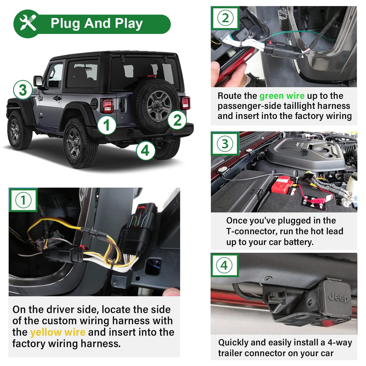 Trailer Wiring Harness Kit 4-Pin Fits for Jeep Wrangler JL/JLU 2018-2023 Vehicle-Side Wiring Harness