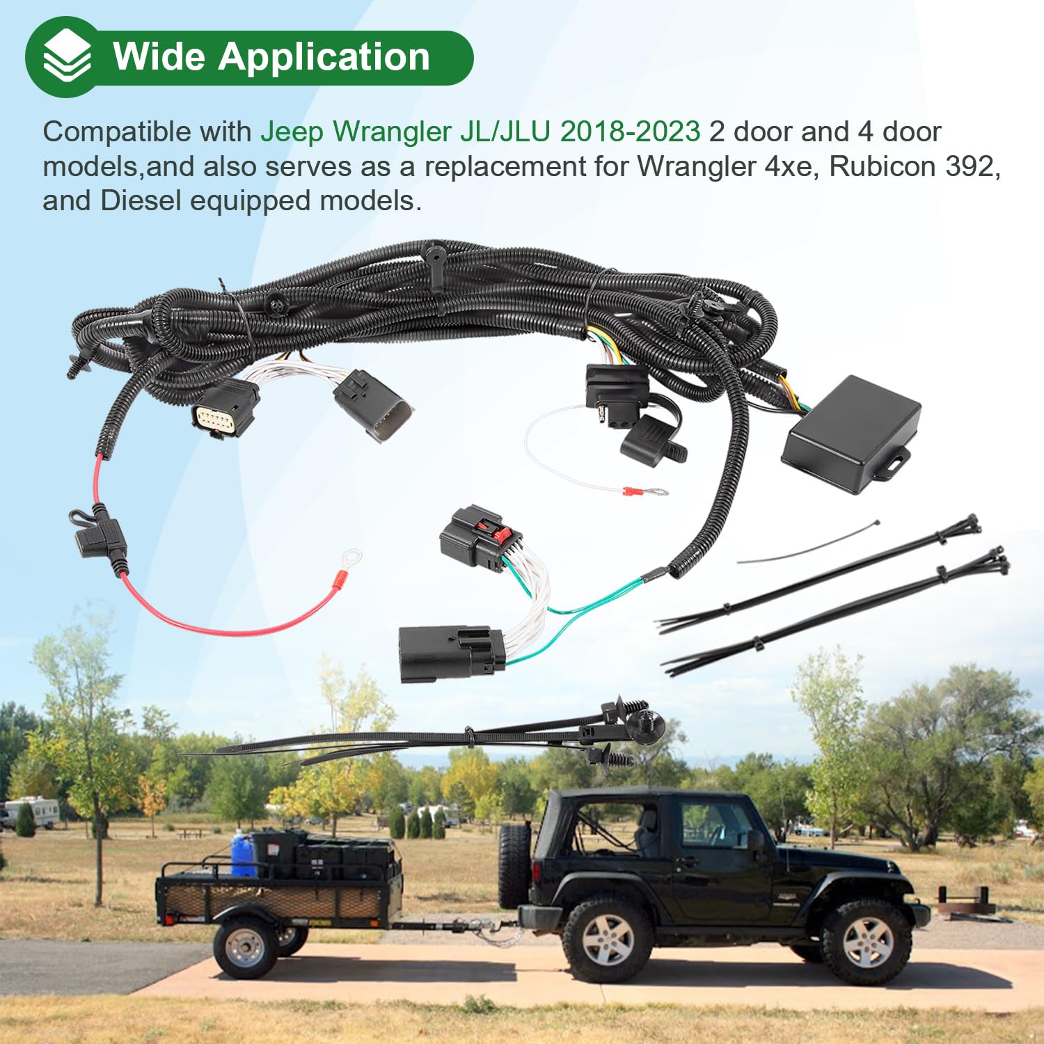 Trailer Wiring Harness Kit 4-Pin Fits for Jeep Wrangler JL/JLU 2018-2023 Vehicle-Side Wiring Harness