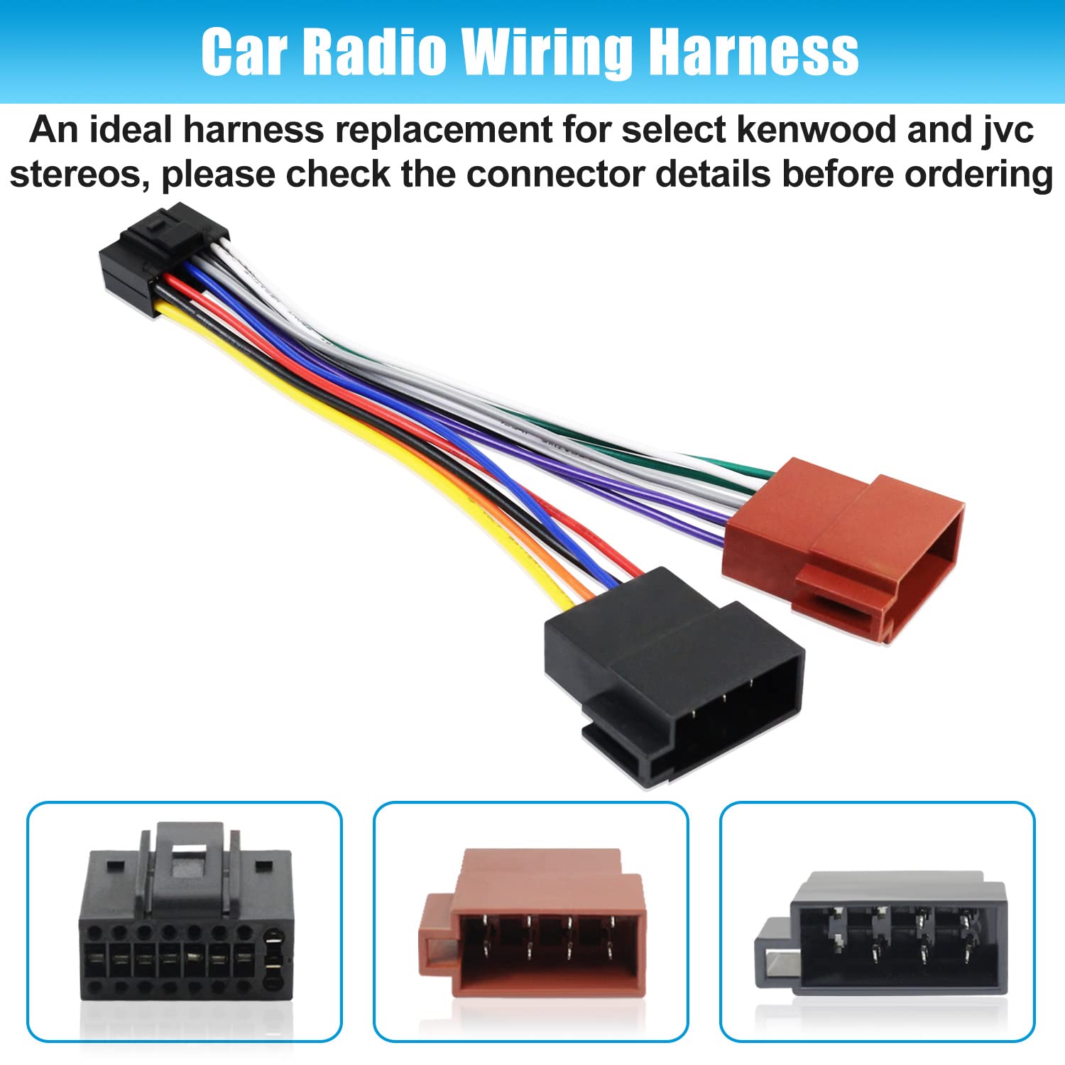 16 Pin ISO Car Radio Wiring Harness Adapter Compatible with Kenwood JVC Aftermarket Stereo Radio Connector