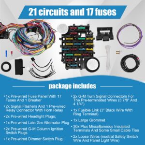 Universal 21 Circuit Wiring Harness Kit, 21 Circuit Wiring Harness Kit, 21 Circuit Universal Wiring Harness Kit Extra Long Wire Standard Color 17 Fuses for GM Chevy Chrysler Ford Mopar Hotrods Ratrods