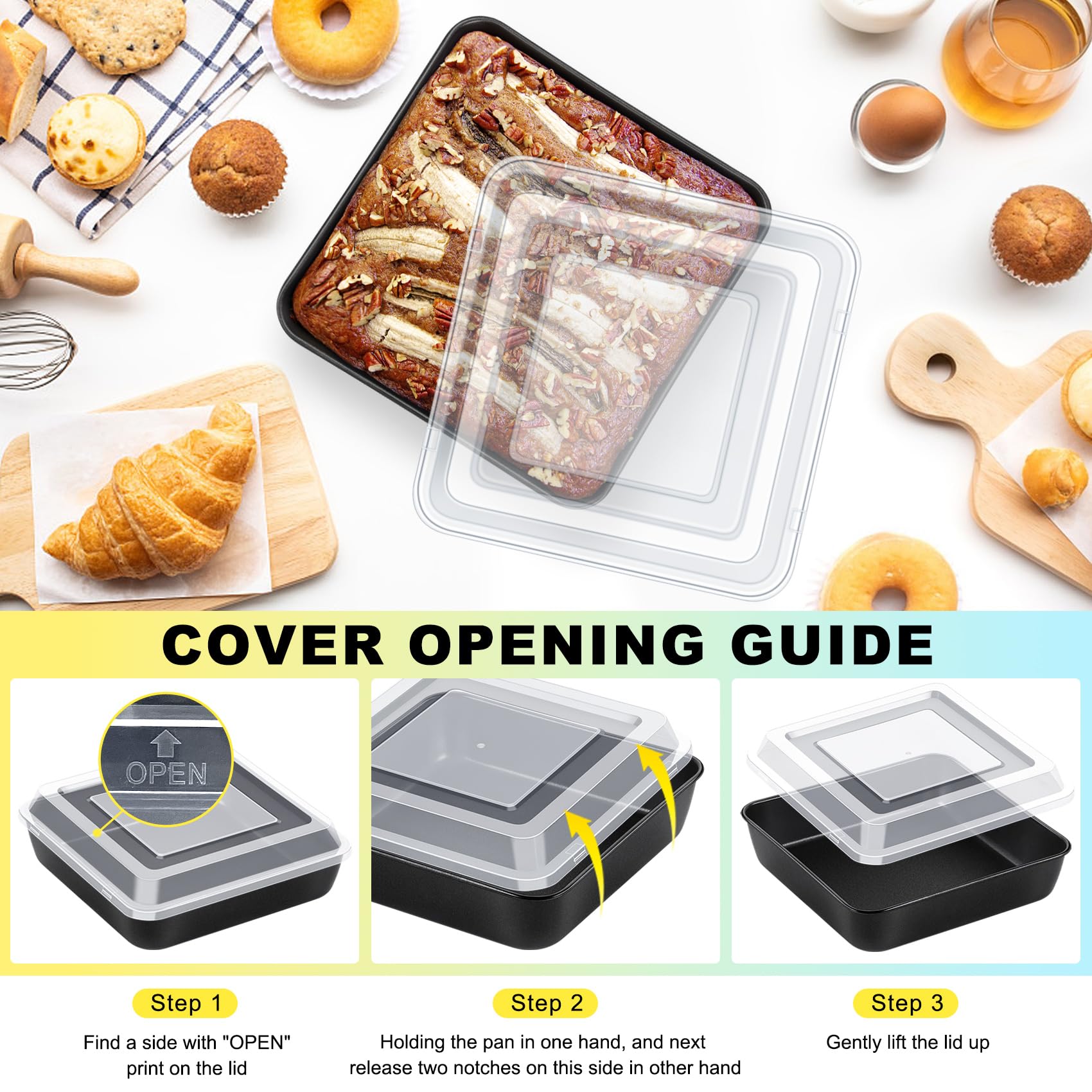 P&P CHEF Square Baking Pan with Lid, 8 x 8 x 2 Inch, Nonstick Stainless Steel Square Cake Pan and Plastic Lid, Black Bakeware for Lasagna Brownies, Durable & Easy Clean, 2PCS (1 Pan + 1 Cover)