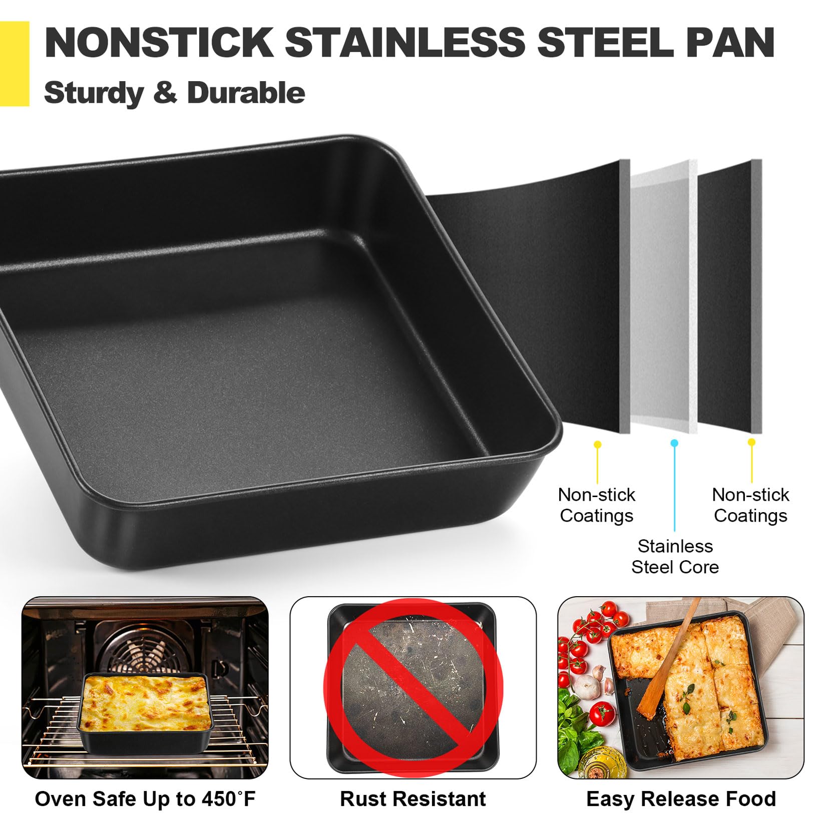 P&P CHEF Square Baking Pan with Lid, 8 x 8 x 2 Inch, Nonstick Stainless Steel Square Cake Pan and Plastic Lid, Black Bakeware for Lasagna Brownies, Durable & Easy Clean, 2PCS (1 Pan + 1 Cover)