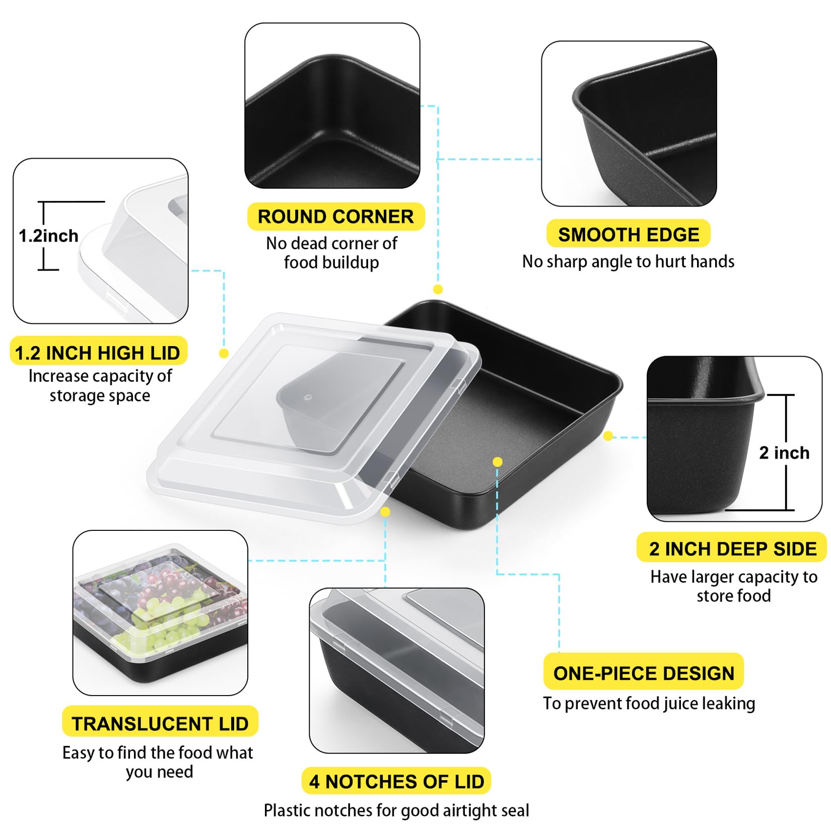 P&P CHEF Square Baking Pan with Lid, 8 x 8 x 2 Inch, Nonstick Stainless Steel Square Cake Pan and Plastic Lid, Black Bakeware for Lasagna Brownies, Durable & Easy Clean, 2PCS (1 Pan + 1 Cover)