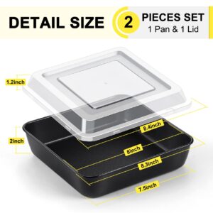 P&P CHEF Square Baking Pan with Lid, 8 x 8 x 2 Inch, Nonstick Stainless Steel Square Cake Pan and Plastic Lid, Black Bakeware for Lasagna Brownies, Durable & Easy Clean, 2PCS (1 Pan + 1 Cover)