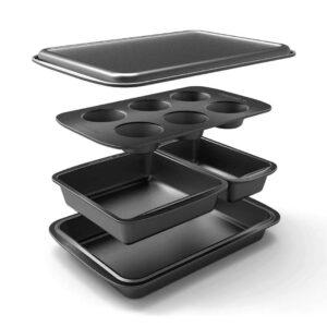 baker's secret stackable baking set of 5 bakeware pans, bakeware set, baking pan set includes muffin pan, roaster pan, square pan, cookie sheet, loaf pan, easy store, dishwasher safe, baking supplies