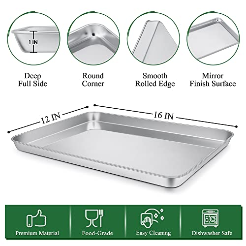 P&P CHEF Baking Sheets and Racks Set (2 Pans + 2 Racks), Stainless Steel Baking Sheet Oven Tray and Cooling Grid Rack for Cookies Meats, Size 16 x 12 x 1 Inch, Oven & Dishwasher Safe