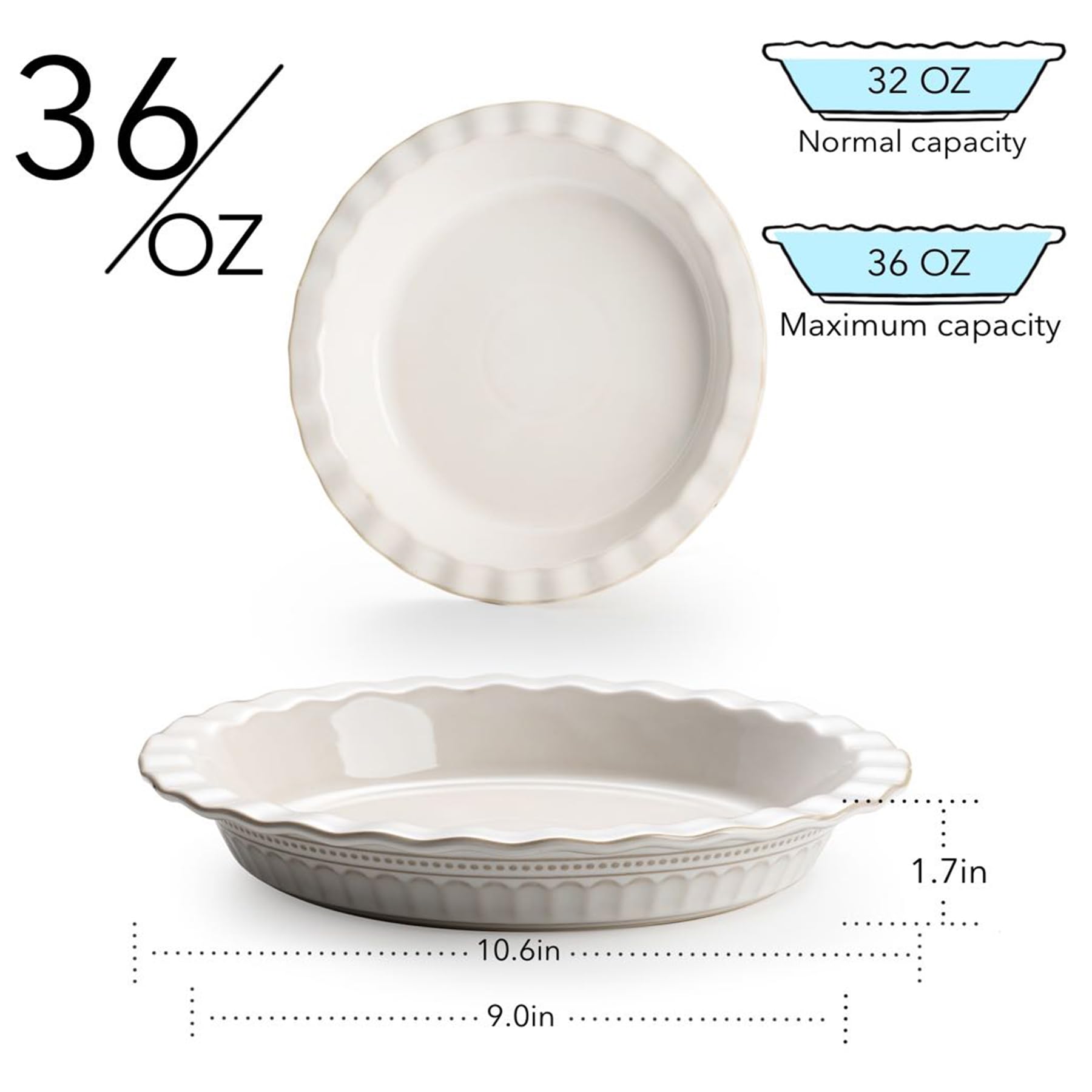 MIKIGEY Ceramic Pie Pan for Baking, 9 inch Pie Pans Set of 2, Round Pie Dish for Dessert Kitchen, Farmhouse Vintage Color Pie Plate, Oven & Dishwasher Safe, Off-White