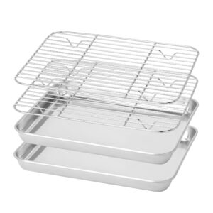 bieama baking sheet with rack set (2 pans + 2 racks), 10 x 8 x 1" stainless steel cookie sheet with cooling rack, toaster oven tray and rack set