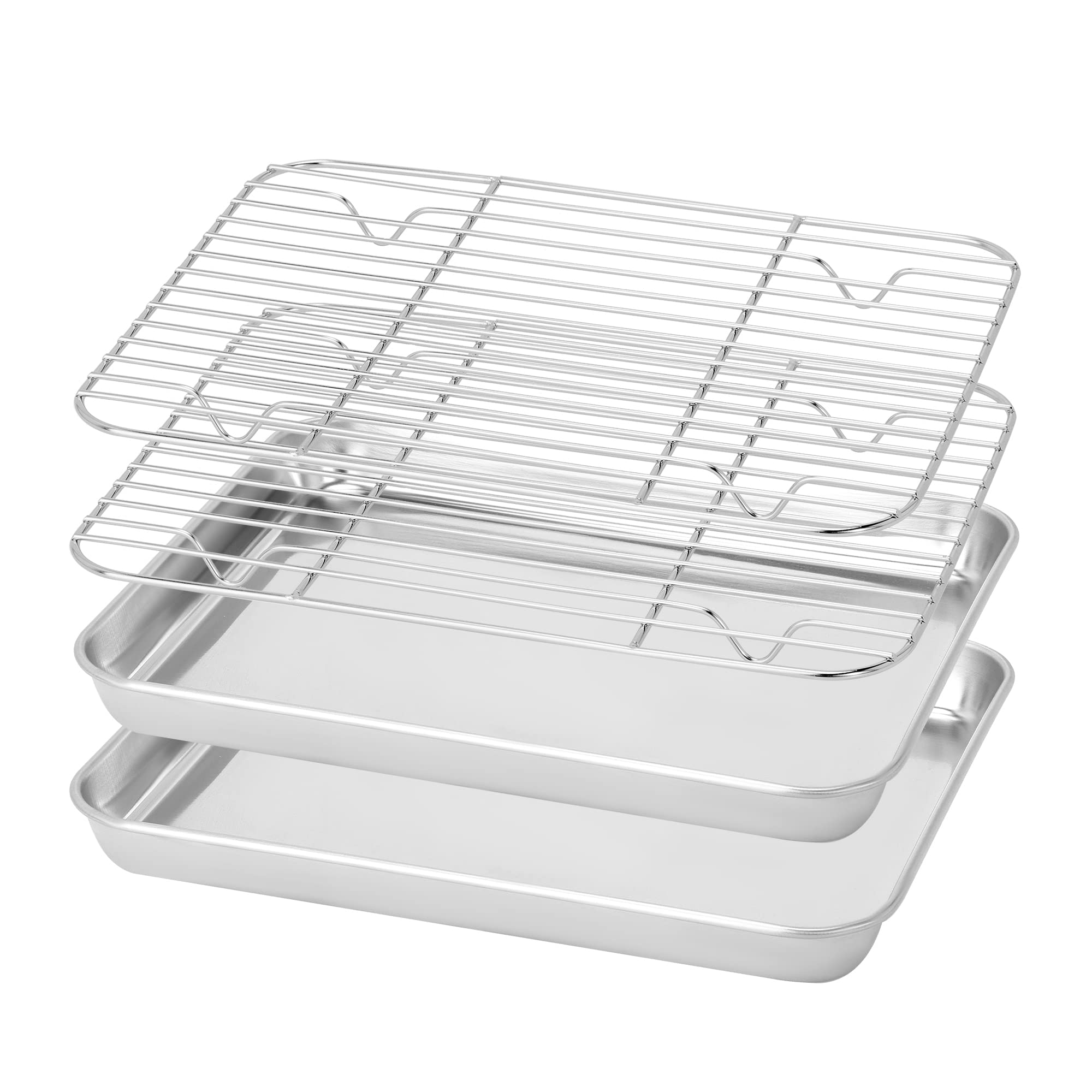 BIEAMA Baking Sheet with Rack Set (2 Pans + 2 Racks), 10 x 8 x 1" Stainless Steel Cookie Sheet with Cooling Rack, Toaster Oven Tray and Rack Set