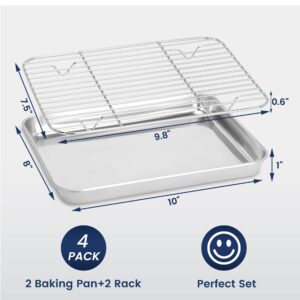 BIEAMA Baking Sheet with Rack Set (2 Pans + 2 Racks), 10 x 8 x 1" Stainless Steel Cookie Sheet with Cooling Rack, Toaster Oven Tray and Rack Set