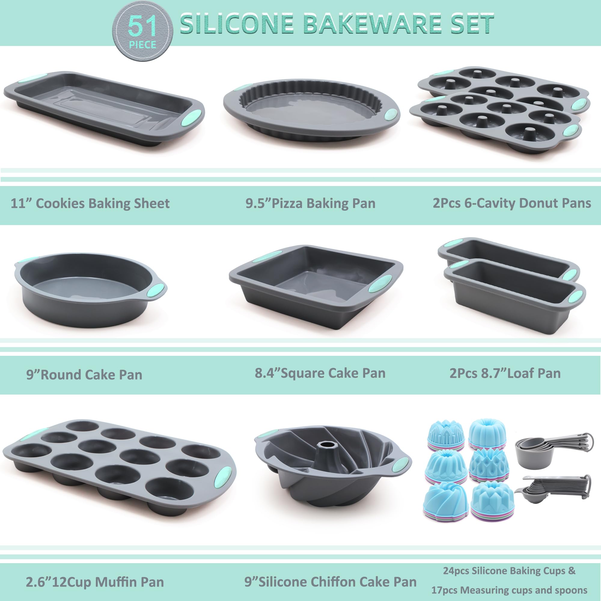 Tongjude 51 Piece Silicone Bakeware Set, Non-Stick Kitchen Oven Baking Pans, Silicone Cake Molds with Muffin Pan, Cookies Baking Sheet, Cake Pan, Donut Pan and Loaf Pan