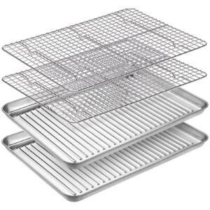 quarter sheet pan with rack set (2 baking pans + 2 cooling racks), cekee stainless steel cookie sheets for baking and wire rack set, nonstick & warp resistant & heavy duty, size 12 x 10 x 1 inches