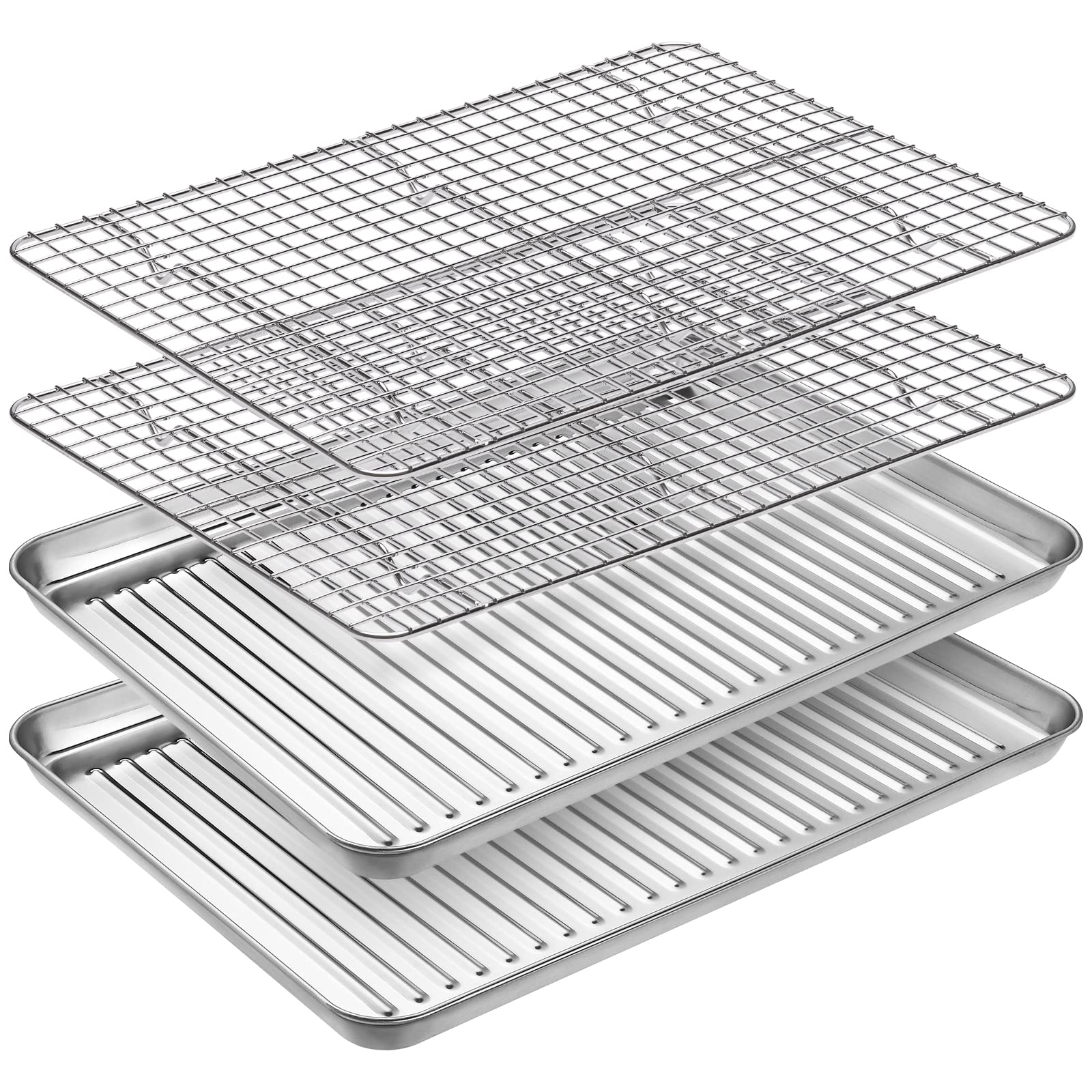 Quarter Sheet Pan with Rack Set (2 Baking Pans + 2 Cooling Racks), CEKEE Stainless Steel Cookie Sheets for Baking and Wire Rack Set, Nonstick & Warp Resistant & Heavy Duty, Size 12 x 10 x 1 Inches