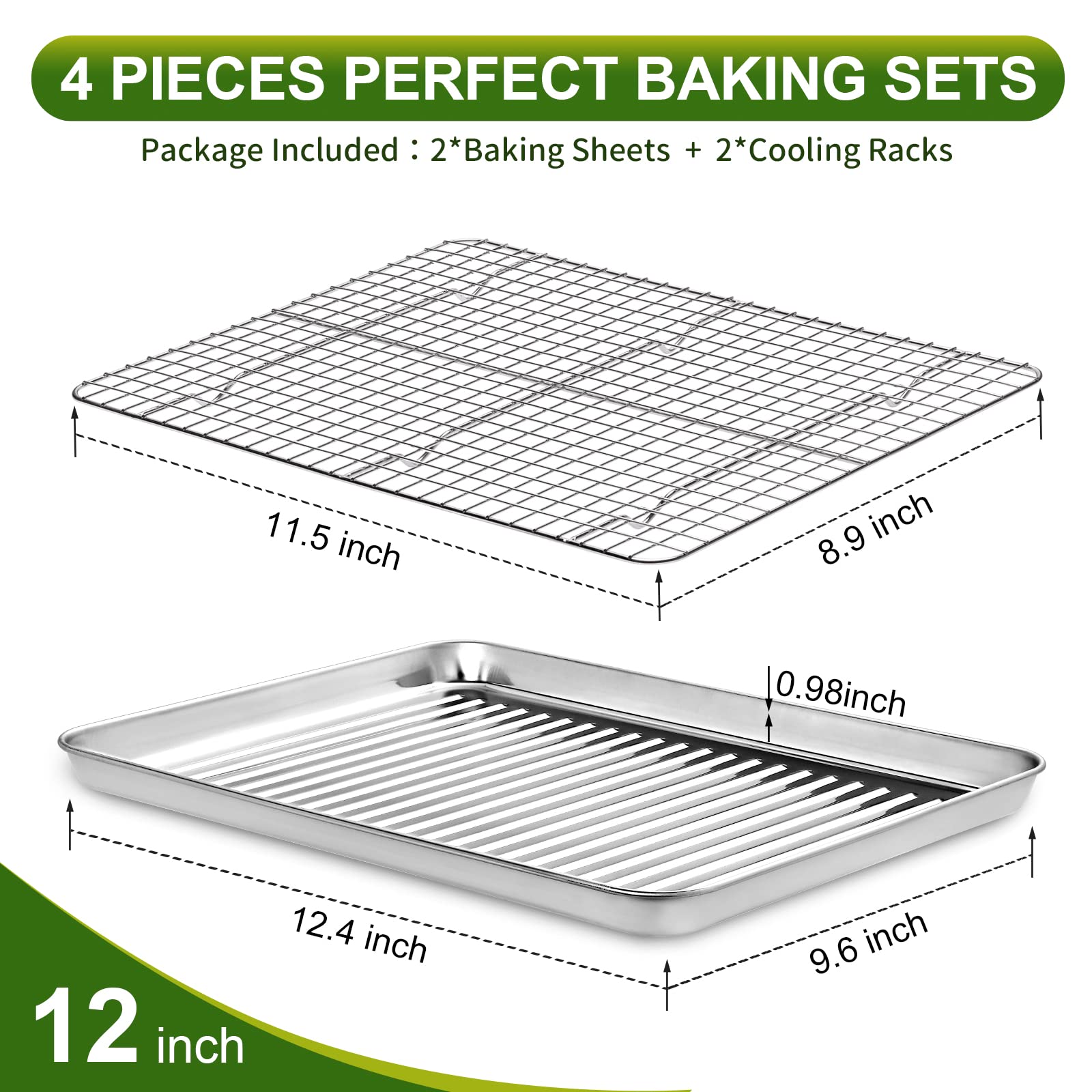 Quarter Sheet Pan with Rack Set (2 Baking Pans + 2 Cooling Racks), CEKEE Stainless Steel Cookie Sheets for Baking and Wire Rack Set, Nonstick & Warp Resistant & Heavy Duty, Size 12 x 10 x 1 Inches