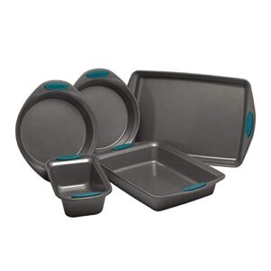 rachael ray nonstick bakeware set with grips includes nonstick baking pans, baking sheet and nonstick bread pan - 5 piece, gray with marine blue handles