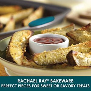 Rachael Ray Nonstick Bakeware Set with Grips includes Nonstick Baking Pans, Baking Sheet and Nonstick Bread Pan - 5 Piece, Gray with Marine Blue Handles