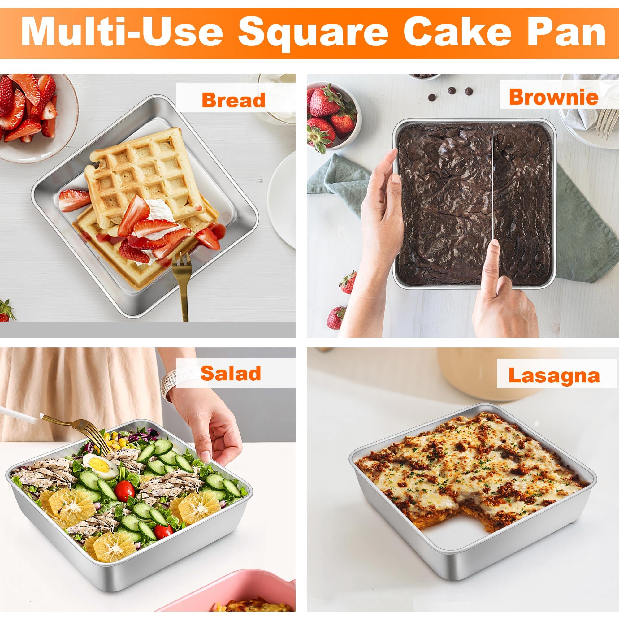 TeamFar 6 Inch Square Cake Pan, Stainless Steel Square Baking Pan for Lasagna Cake Brownie, Healthy & Heavy Duty, Dishwasher Safe & Easy Clean, Brushed Surface & Smooth Edge, Set of 2