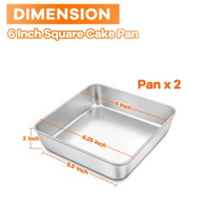 TeamFar 6 Inch Square Cake Pan, Stainless Steel Square Baking Pan for Lasagna Cake Brownie, Healthy & Heavy Duty, Dishwasher Safe & Easy Clean, Brushed Surface & Smooth Edge, Set of 2