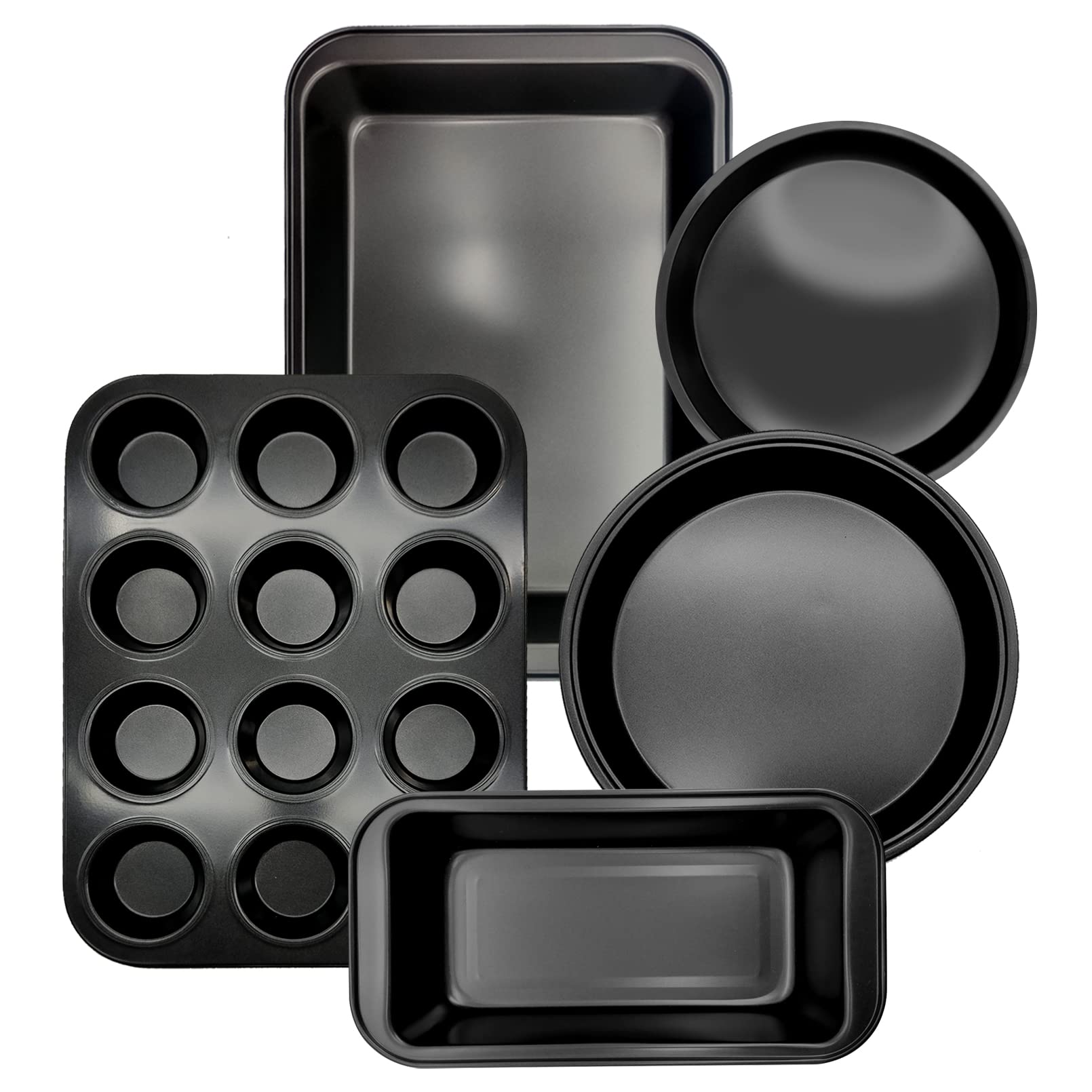 PINVNBY Baking Pans Set,Nonstick Bakeware Set with Baking Sheet, Muffin Pan, Round Cake Pan, Pizza Pan, Kitchen Oven Pan Baking Sheet Set, Complete Carbon Steel Bakeware Set (5 Pieces)