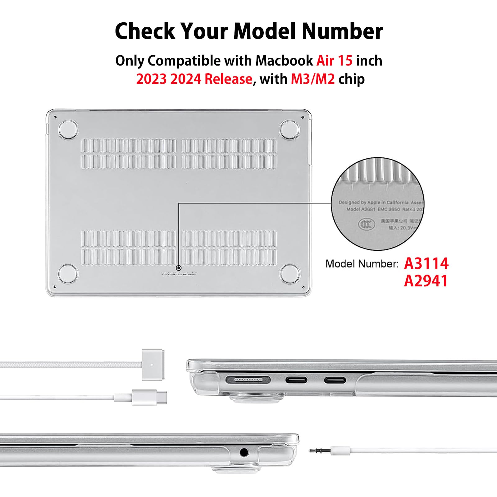 EooCoo Case Compatible with MacBook Air 15 inch 2024 2023 M3 M2 Chip A3114 A2941, Air 15.3" Plastic Hard Case & Keyboard Skin & Camera Cover & Type C Adapter, Crystal Clear