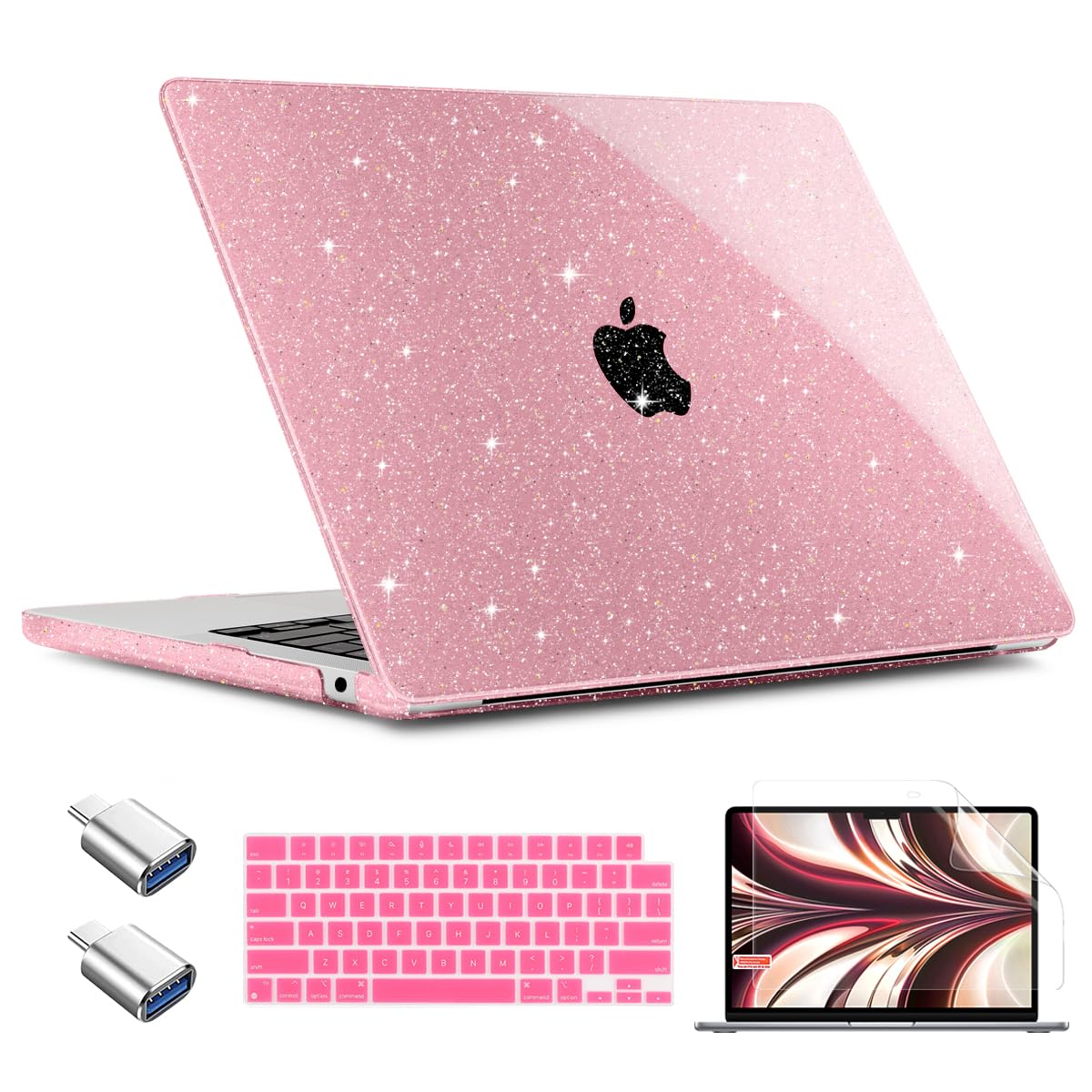 CAMPLALA Compatible with MacBook Air 15 inch Case 2024 2023 Release M3 A3114 M2 A2941, Hard Shell Cover & Keyboard Cover & Screen Protector & OTG Adapter for MacBook Air 15, Sparkly Pink