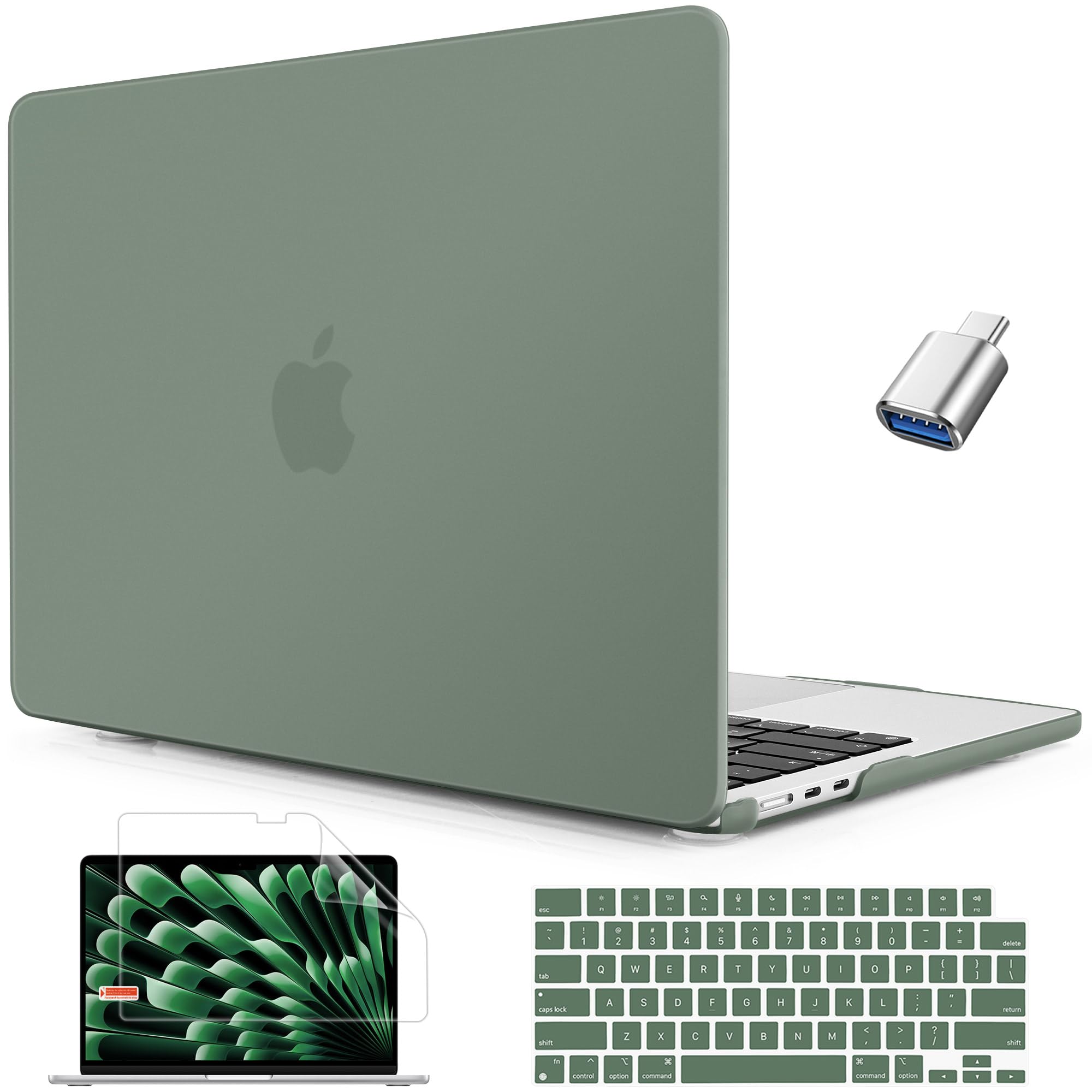 Mektron Case for MacBook Air 15 INCH 2024 M3 A3114 /2023 M2 A2941 Case with 15.3" Liquid Retina Display & Touch ID Cover, Plastic Hard Shell with Screen Protector, Matte Midnight Green