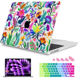 mektron designed for 2024/2023 macbook air 15 inch m3 a3114 /m2 a2941 case, printed plastic hard shell cover with 15.3" liquid retina display touch id, bright-coloured flowers