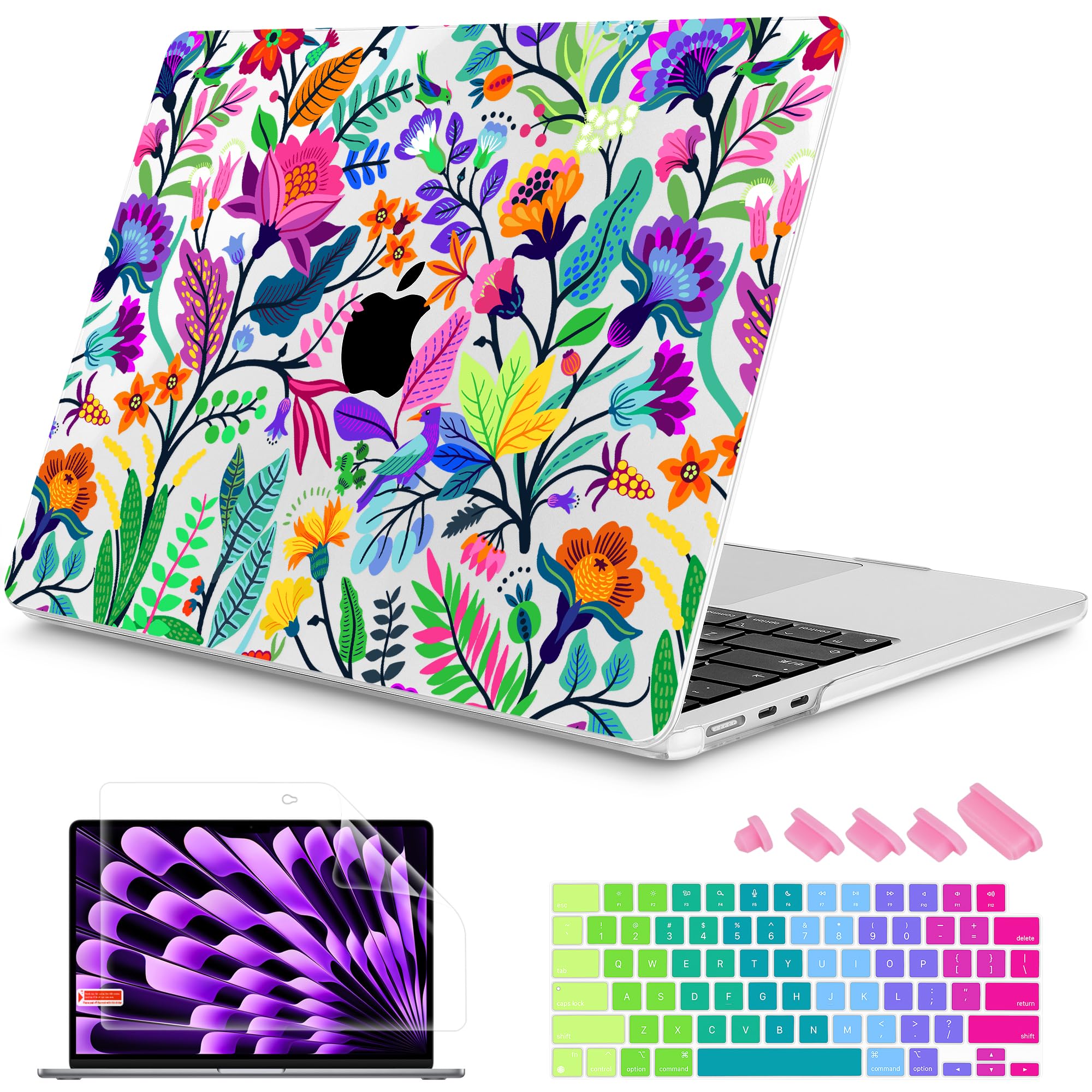 Mektron Designed for 2024/2023 MacBook Air 15 INCH M3 A3114 /M2 A2941 Case, Printed Plastic Hard Shell Cover with 15.3" Liquid Retina Display Touch ID, Bright-Coloured Flowers