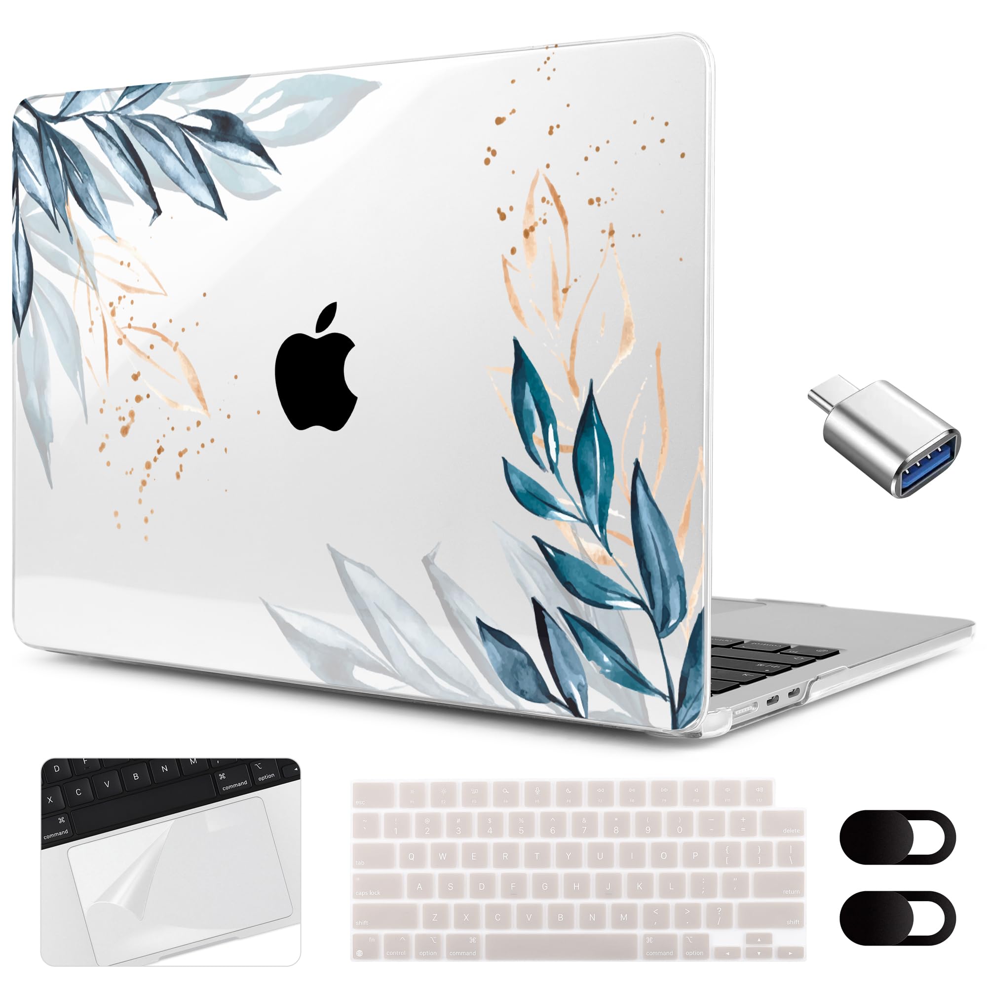 MEEgoodo for M3 MacBook Air 15 inch Case 2024 2023,Clear Case Fit Model A3114 A2941 with M3/M2, Laptop Hard Shell with Keyboard Cover & Camera Cover & OTG Adapter for 15.3-inch, Blue Watercolor Nature