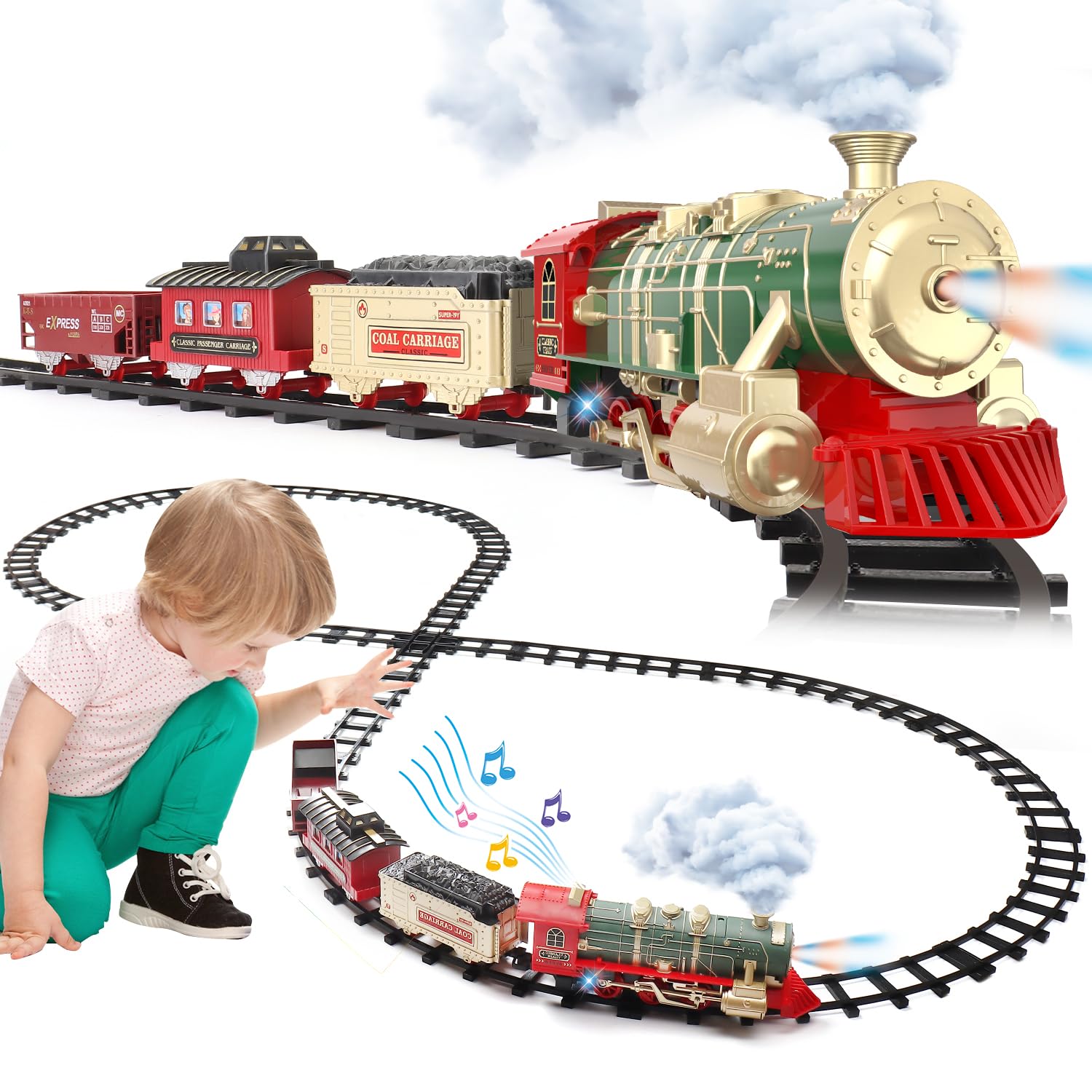 JUQU Train Set - Electric Train Toys w/Smoke, Light and Sounds, Toddler Train Sets for Boys 2-4 4-7 w/Steam Locomotive Engine,Carriages and Tracks, Christmas Train Gift for 3 4 5 6 7 8+ Year Old Kids