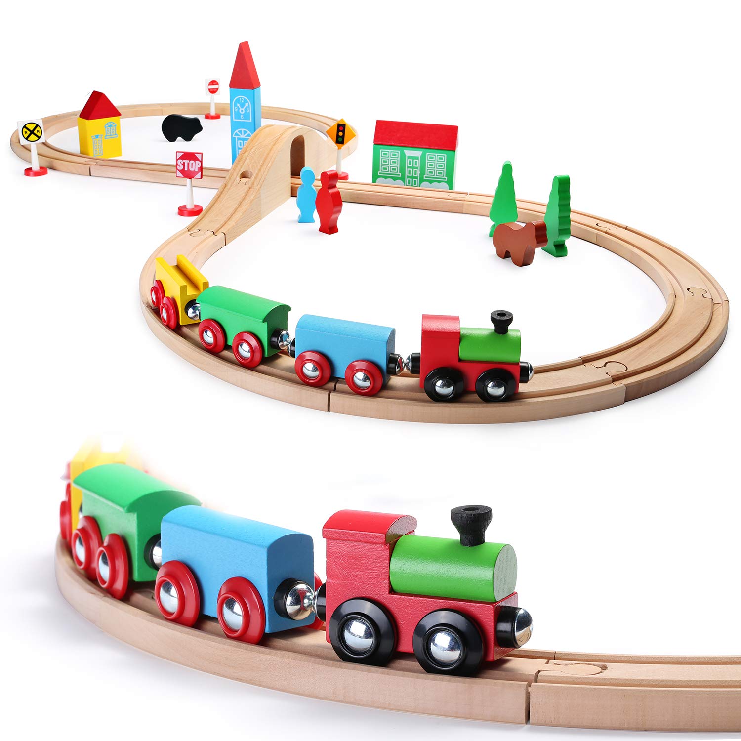 SainSmart Jr. Wooden Train Set for Toddler with Double-Side Train Tracks Fits Brio, Thomas, Melissa and Doug, Kids Wood Toy Train for 3,4,5 Year old Boys and Girls