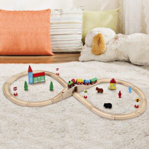 SainSmart Jr. Wooden Train Set for Toddler with Double-Side Train Tracks Fits Brio, Thomas, Melissa and Doug, Kids Wood Toy Train for 3,4,5 Year old Boys and Girls