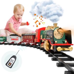 fortikpo train set - rechargeable battery and remote - around the christmas tree with water steam, music & lights - electric train toy gift toys for age 3 4 5 6 7 8+ kids toddlers