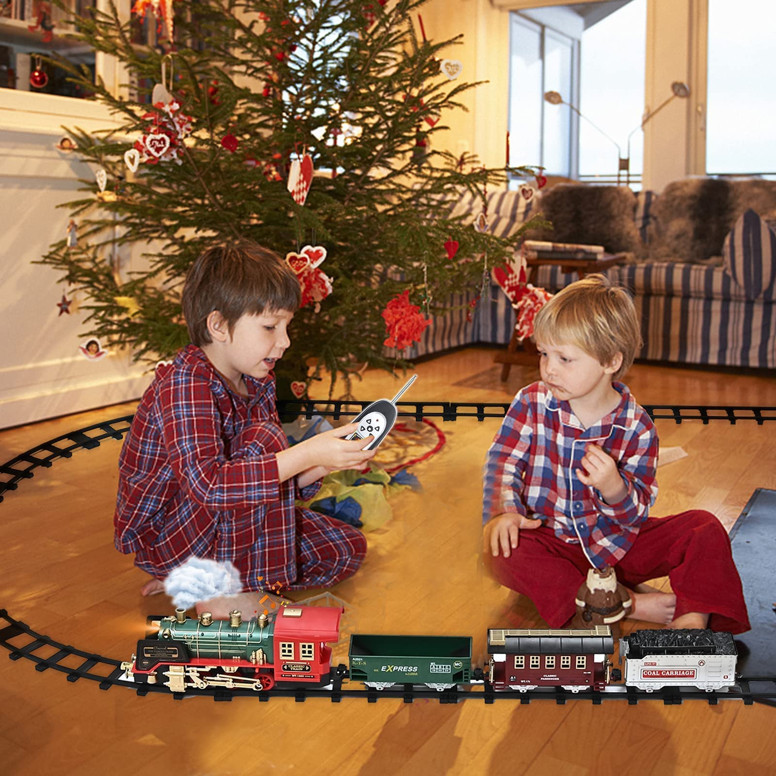 Fortikpo Train Set - Rechargeable Battery and Remote - Around The Christmas Tree with Water Steam, Music & Lights - Electric Train Toy Gift Toys for Age 3 4 5 6 7 8+ Kids Toddlers