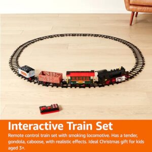 Amazon Basics Remote Control Steam Engine Hobby Train Set with Tender and Gondola and Caboose Smoking, working light and realistic sounds Age 3 or up Perfect for Kids, Multicolor