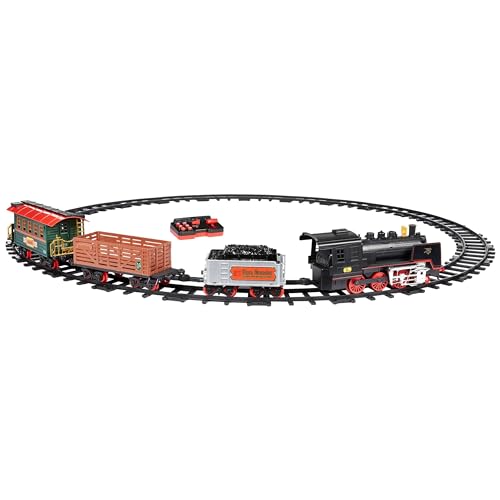 Amazon Basics Remote Control Steam Engine Hobby Train Set with Tender and Gondola and Caboose Smoking, working light and realistic sounds Age 3 or up Perfect for Kids, Multicolor