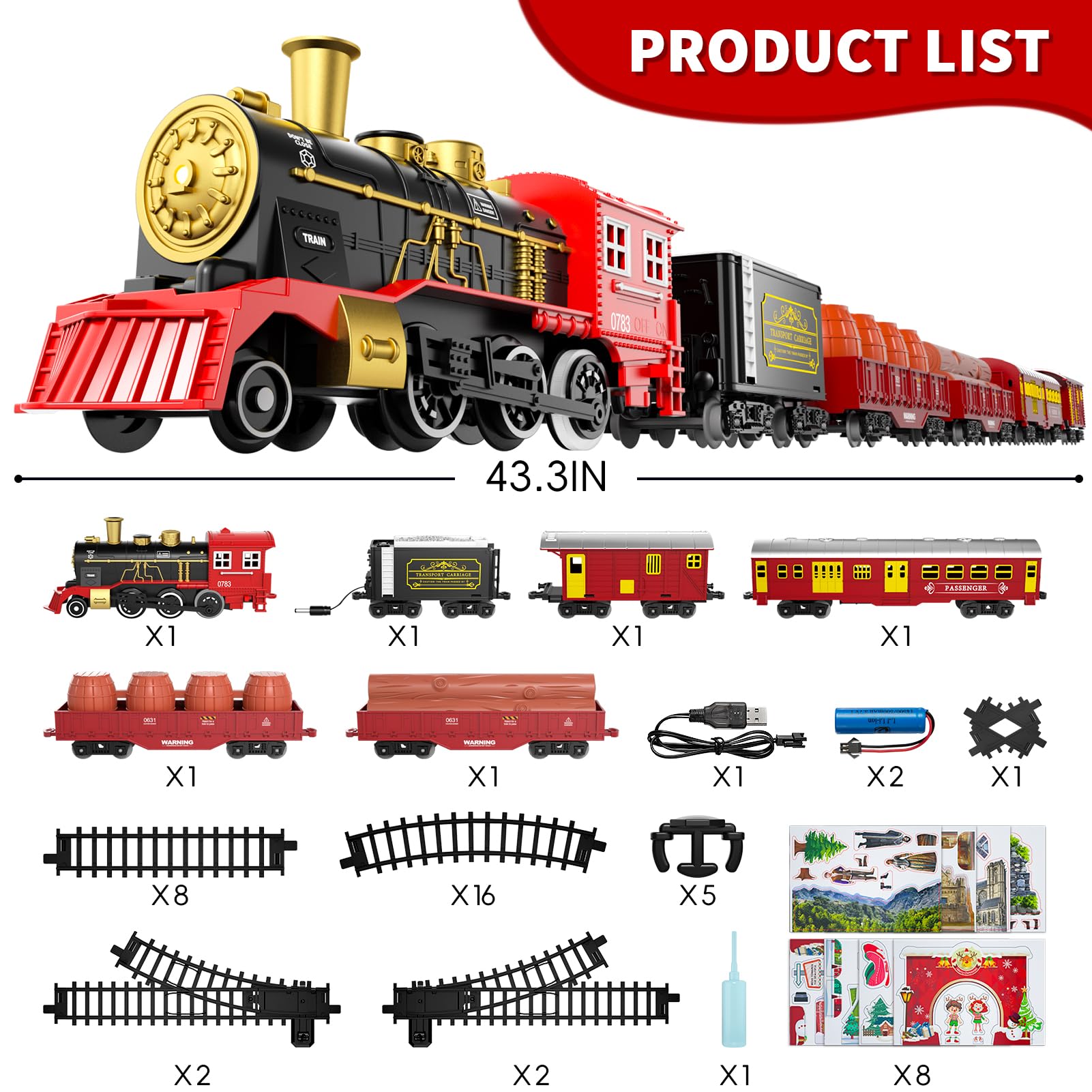 Lucky Doug Train Set Toys for Kids, Christmas Train Sets Toys for Kids W/Smokes, Light & Sound Include 6 Car and 28 Tracks, Christmas Train Set Toys Birthday Gifts for 3 4 5 6 Year Old Boys Girls