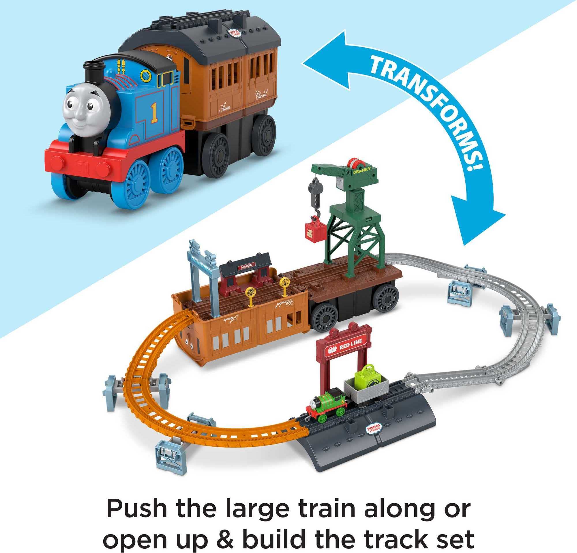 Thomas & Friends Push-Along Train and Track Set for Kids 2-in-1 Transforming Thomas Playset with Storage & Working Crane for Ages 3+ Years