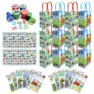 TINYMILLS Train Birthday Party Assortment Favor Set of 108 pcs (12 Large Party Favor Bags with Handles, 24 Stampers, 12 Sticker Sheets, 12 Coloring Books, 48 Crayons)