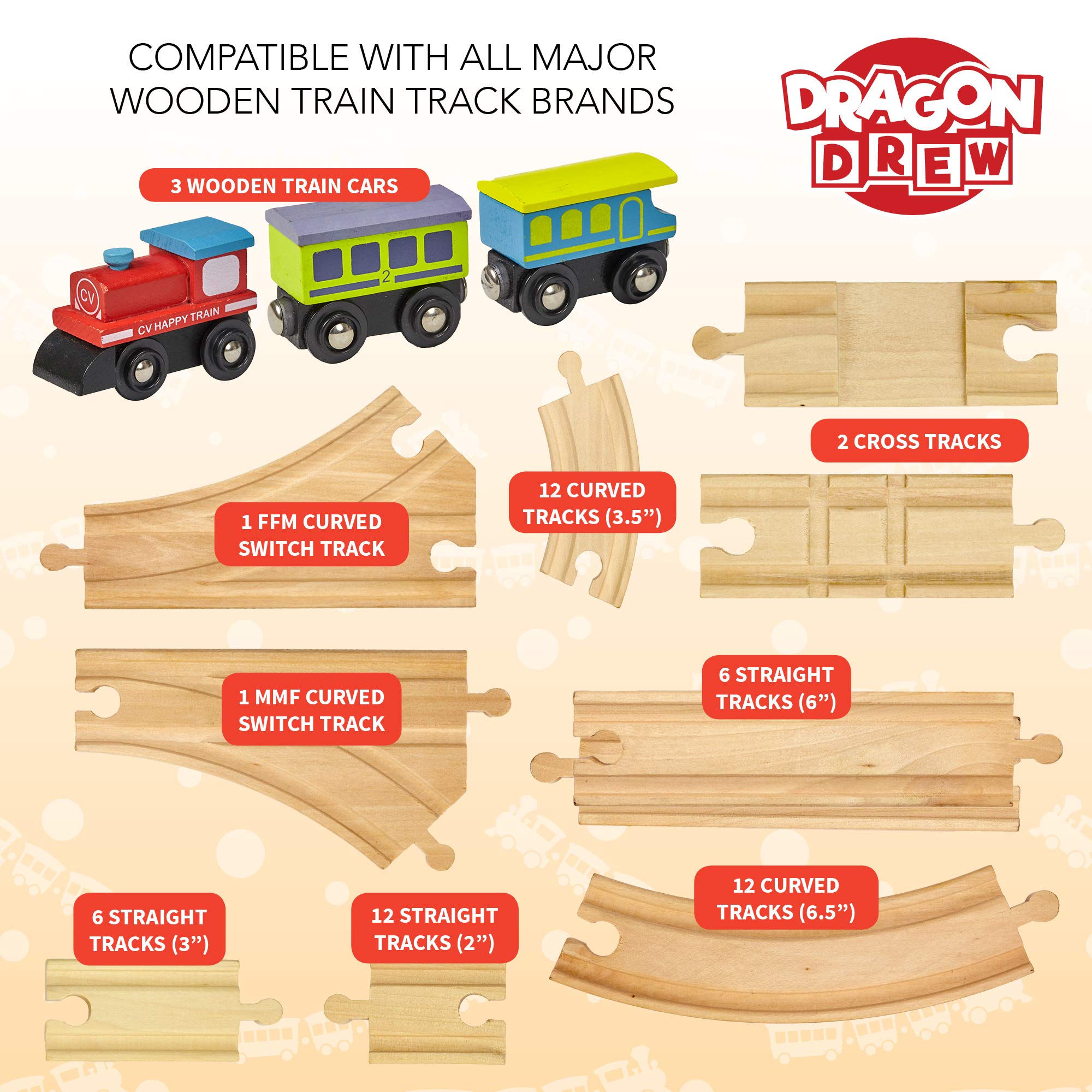 Dragon Drew Wooden Toy Train Tracks | 65 Piece | Tracks, Train, and Street Signs | Fits All Major Toy Brands