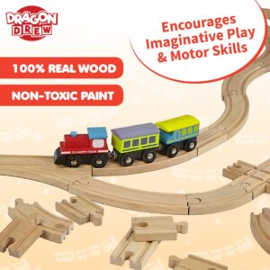 Dragon Drew Wooden Toy Train Tracks | 65 Piece | Tracks, Train, and Street Signs | Fits All Major Toy Brands