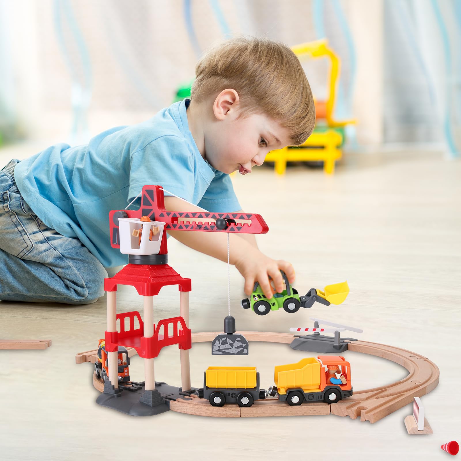 Winb Wooden Train Tracks 70pcs & Construction site Wooden Train Track, Gift Packed Toy Railway Kits for Kids, Toddler Boys and Girls Premium Wood Construction Toys-Fits 70pcs