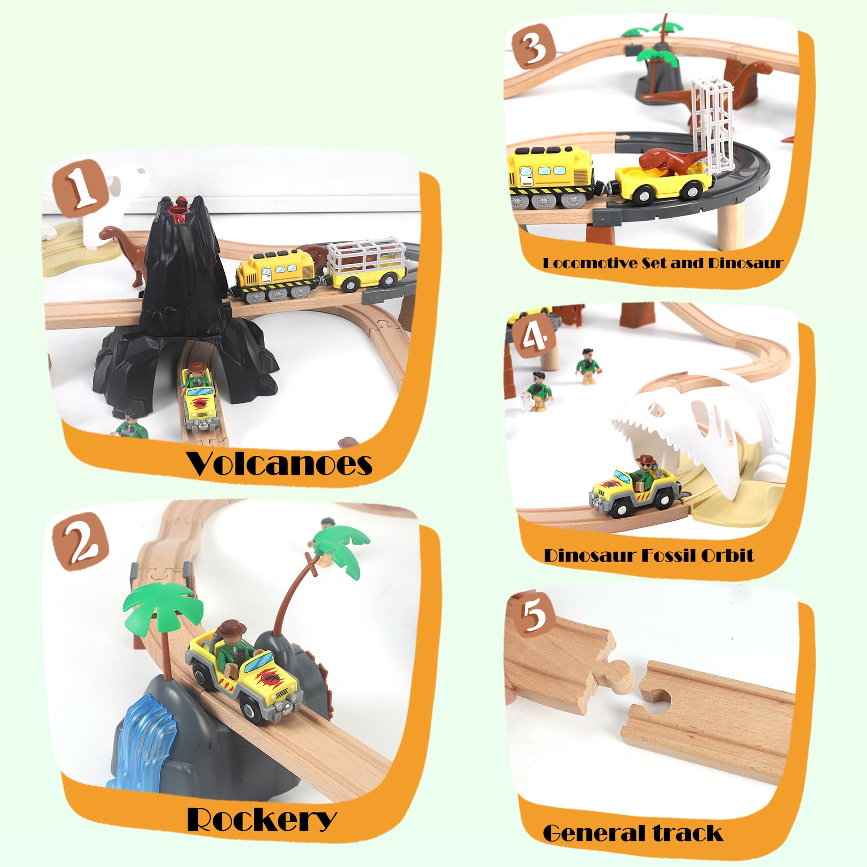 WINB Wooden Train Set 80PCS & Dinosaur Wooden Train Track Set, Gift Packed Toy Railway Kits for Kids, Toddler Boys and Girls 3,4,5 Years Old and Up– Premium Wood Dinosaur Wooden Train Track-Fits