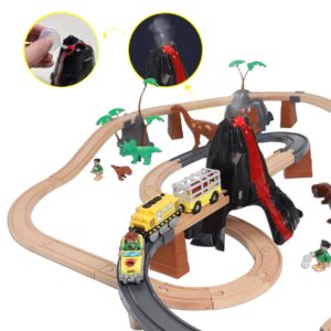 WINB Wooden Train Set 80PCS & Dinosaur Wooden Train Track Set, Gift Packed Toy Railway Kits for Kids, Toddler Boys and Girls 3,4,5 Years Old and Up– Premium Wood Dinosaur Wooden Train Track-Fits