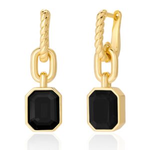 Birthstone Crystal Dangle Drop Earrings, 18K Gold Plated Huggie Hoop Hypoallergenic Earring Jewelry Gifts for Women (Black-Hoop)