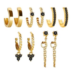 5 Pairs Gold Huggies Hoop Earrings Set for Women Girls Small Dangle Chain Hoop Earrings Jewelry for Gifts (Gold-Black)