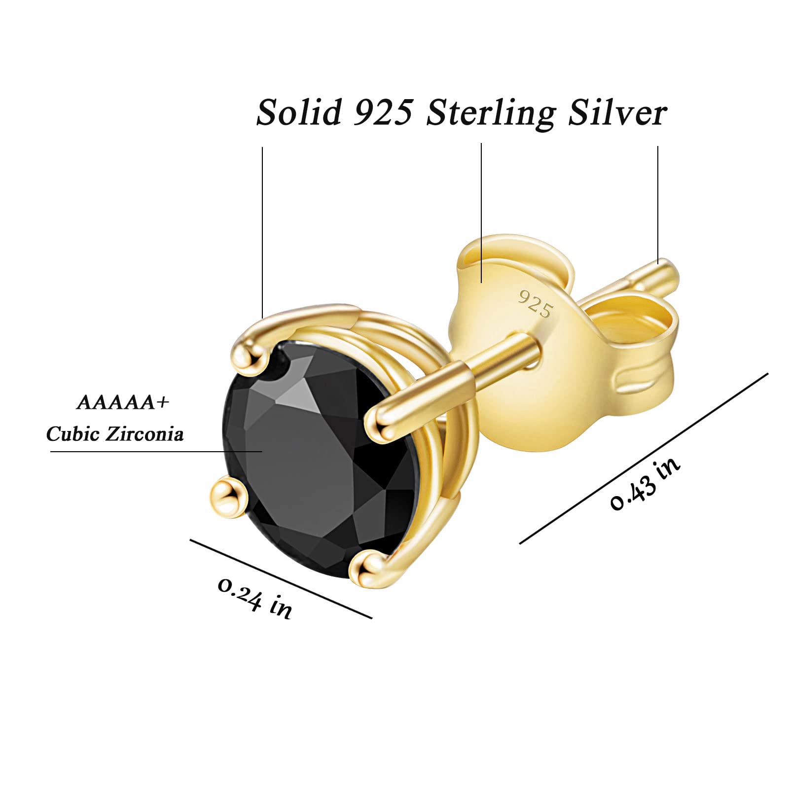 Foruiston 925 Sterling Silver Black Stud Earrings for Women and Men, Solitaire Cubic Zirconia Round & Princess Cut Heart-Shaped, 6mm (Round-Cut, Gold)